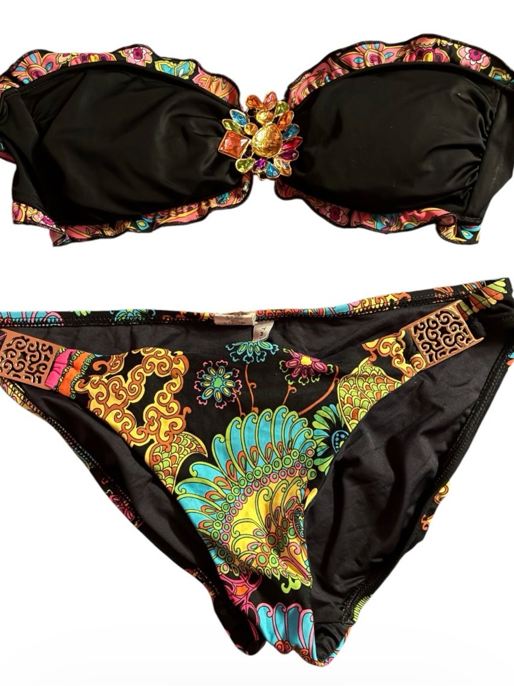 Trina Turk womenโs Black Bandeau Bikini with Multicolor Jewel & Paisley Print